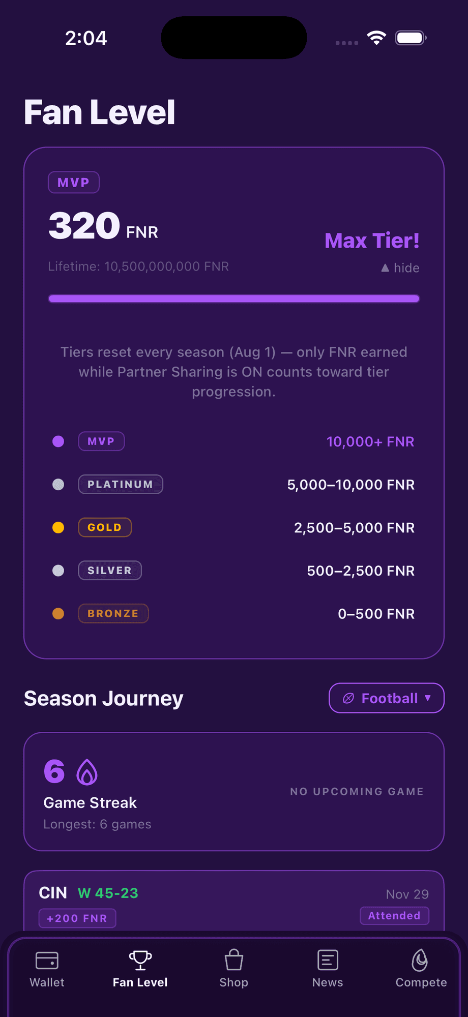 A fan's level in the Fantera app
